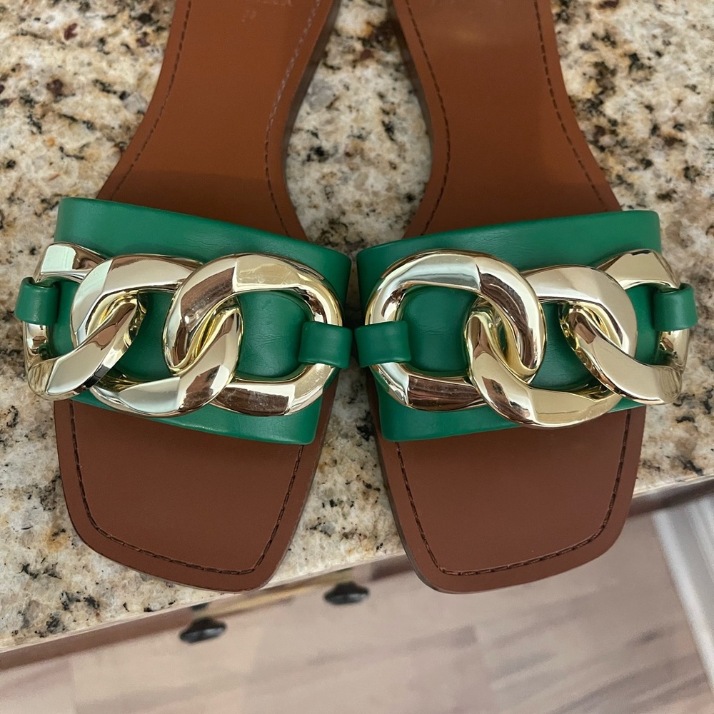 Green Sandals with Gold Chain Detail